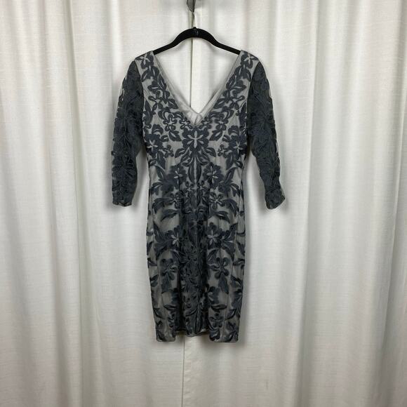 Sue Wong Nocturne Grey Ribbon Embroidered Sheath Cocktail Dress Sz.2 - Picture 7 of 14